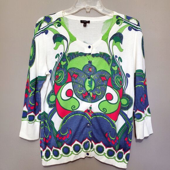 Talbots Cardigan Sweater Petite Size Small Colorful Abstract Floral Blue Button - Picture 1 of 11
